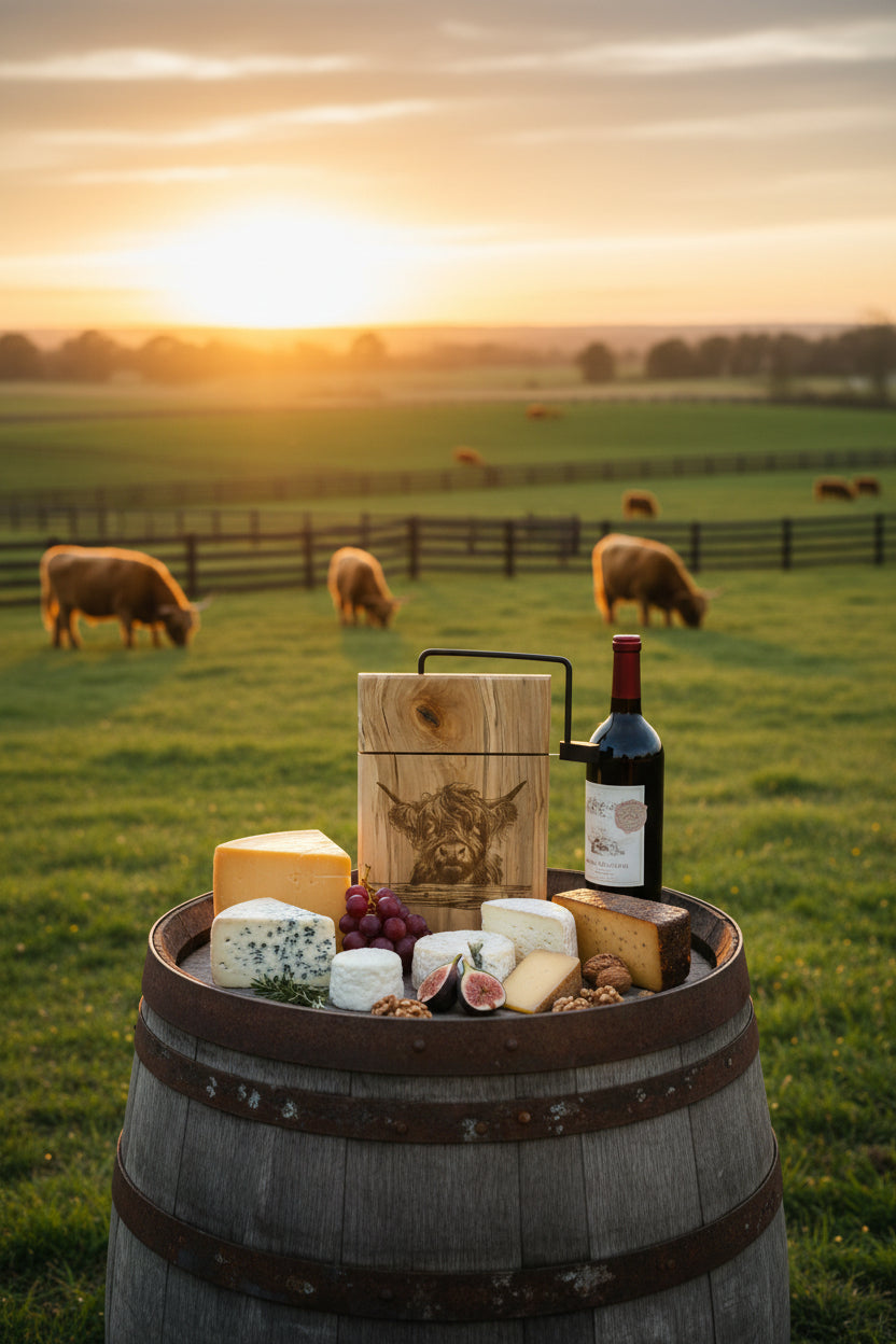 Cheeseboard on a wine barrel on a ranch