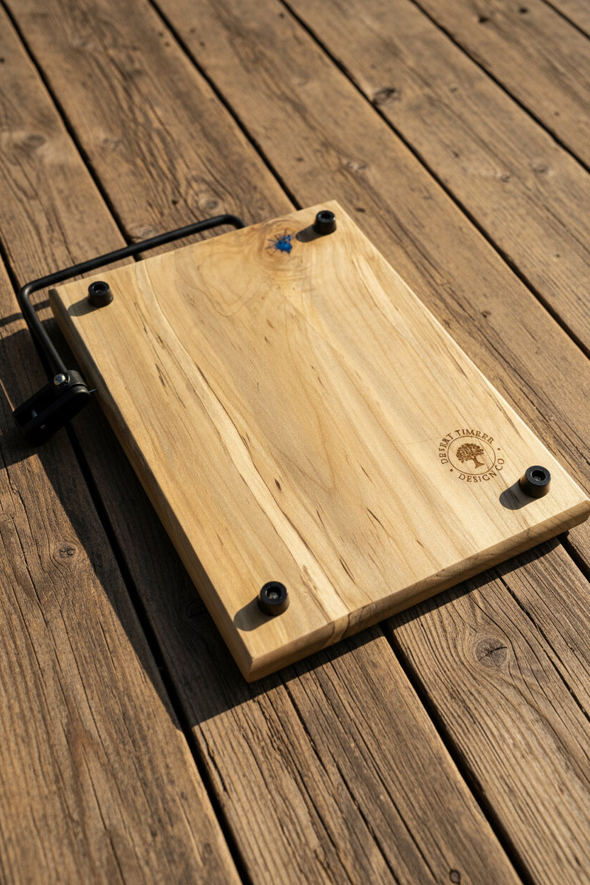 Wooden cutting board with metal clips on a wooden surface