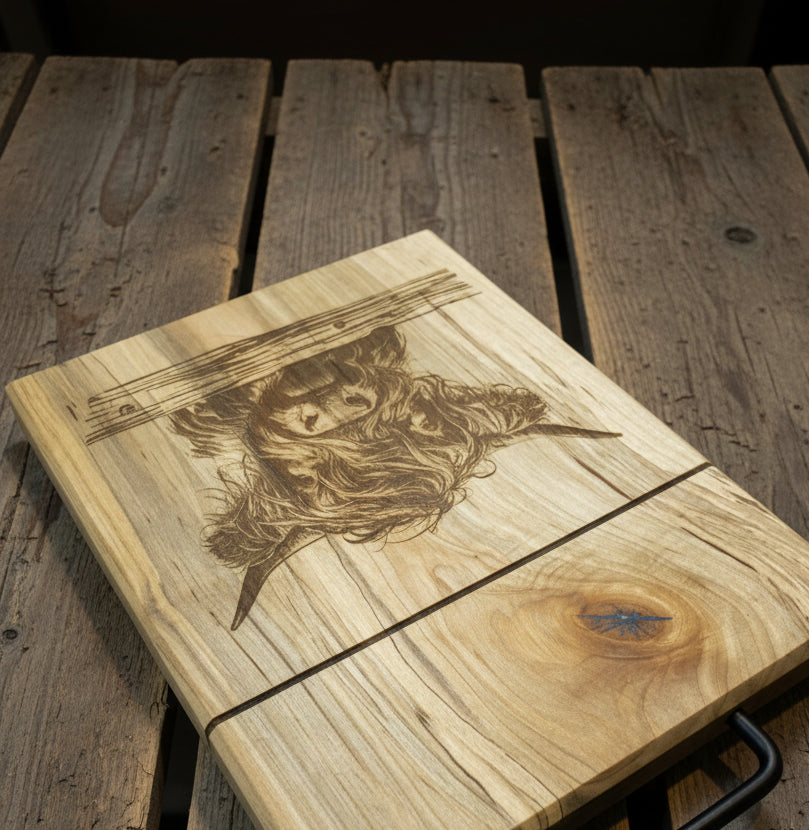 Wooden stool with a engraved face design on a rustic wooden surface