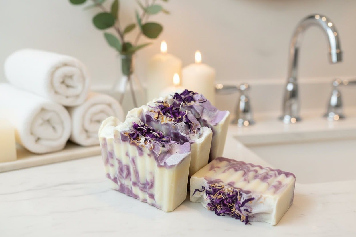 Four bars of soap with purple flowers on a bathroom counter with candles and towels in the background.