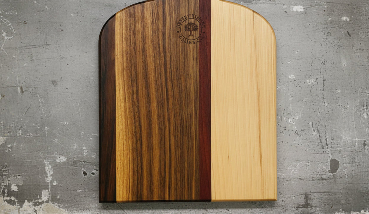 Wooden cutting board with a logo on a wooden background