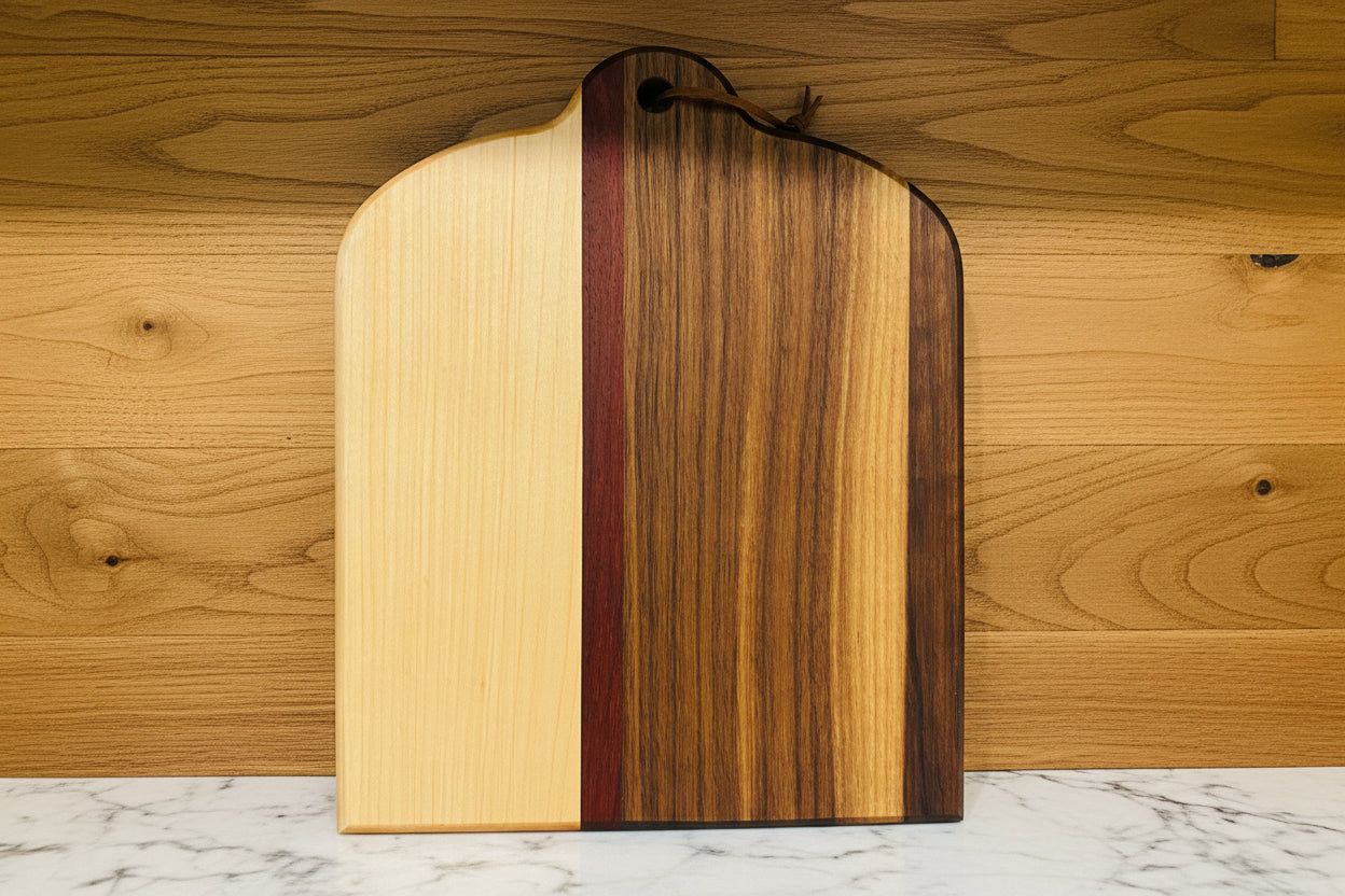 Wooden cutting board with a unique grain pattern on a wooden surface