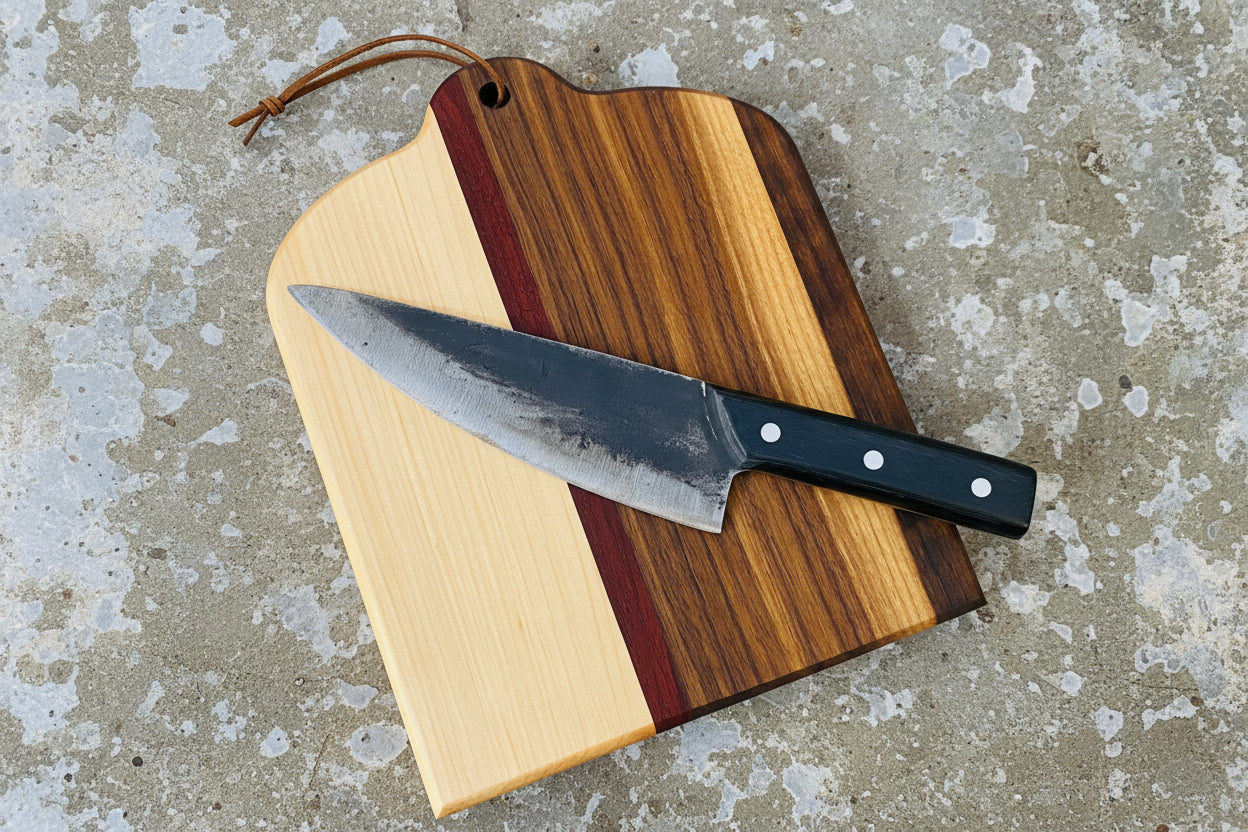 Cutting board on a worn grey surface