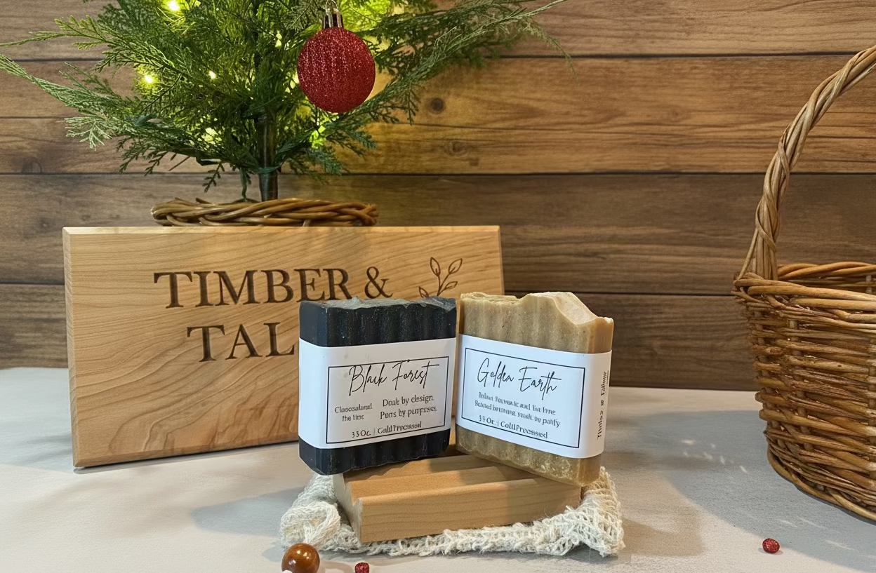 Two bars of soap with labels on a wooden stand with 'Timber & Tail' branding, against a wooden background.