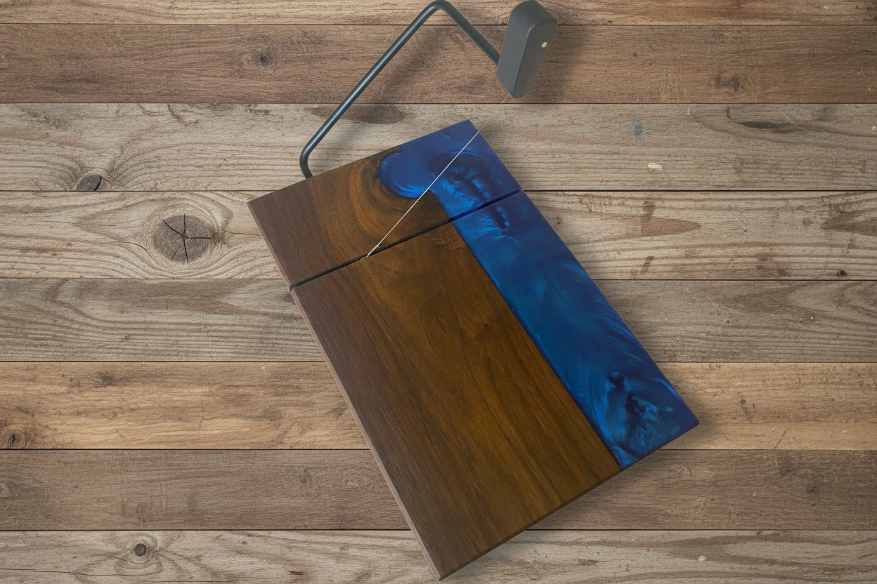 Blue resin cheese board on a wood slat surface