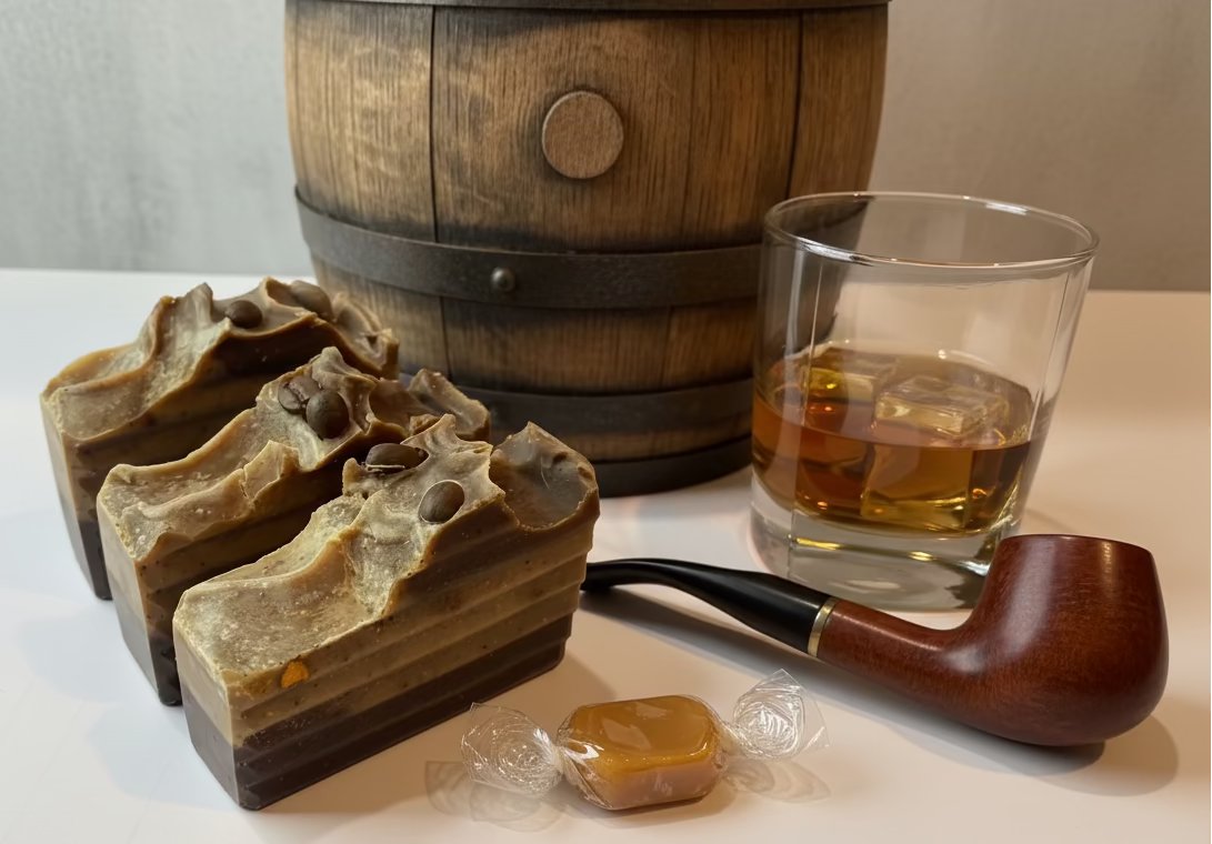 Three pieces of brown soap, a wooden barrel, a glass with amber liquid, and a wooden pipe on a white surface.