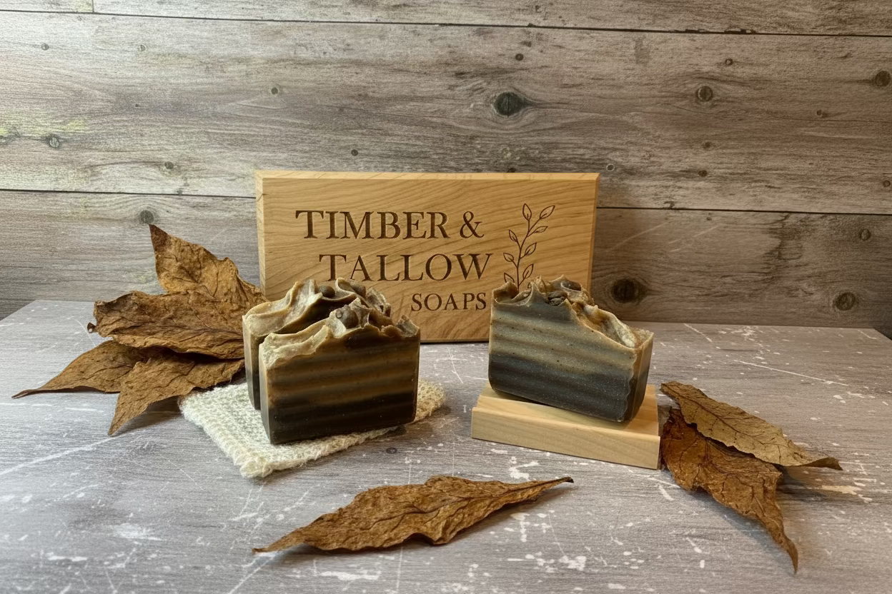 Two soap bars on wooden stands with a 'Timber & Tallow Soaps' sign in the background.