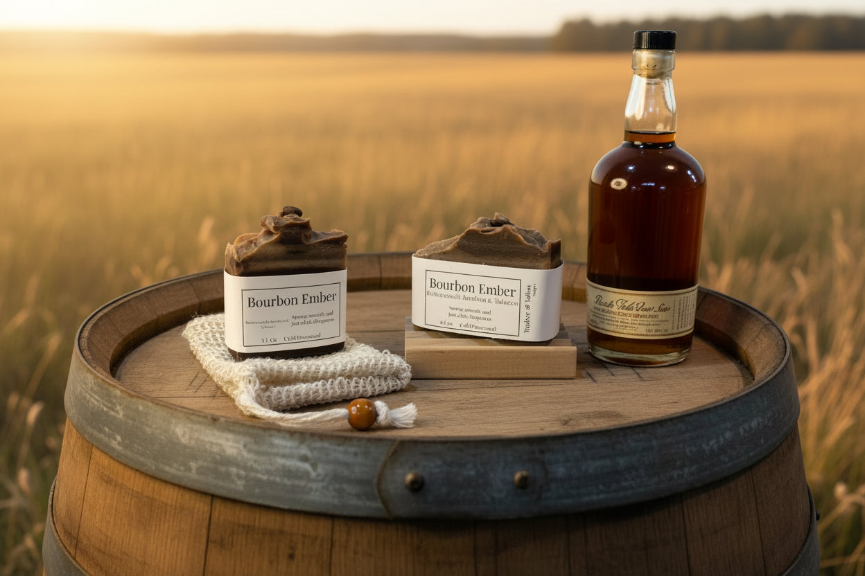 Two bars of soap labeled 'Bourbon Ember' on a white background