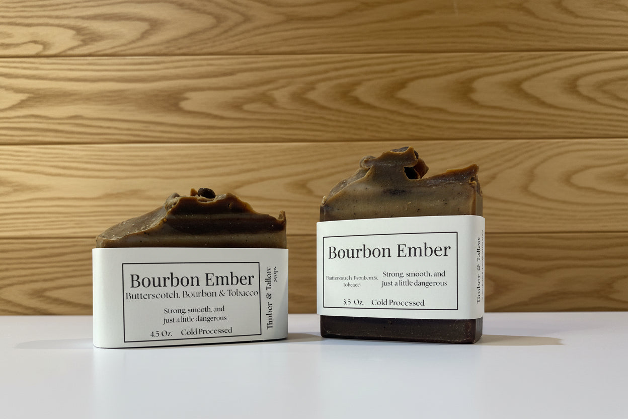 Two bars of soap labeled 'Bourbon Ember' 