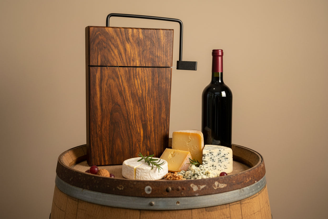 Caribbean cheese cutter board on a wine barrel.
