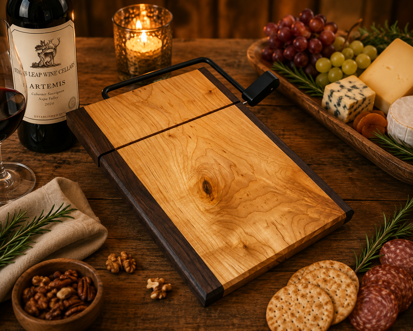 Wooden cutting board on a table with wine, cheese, and snacks