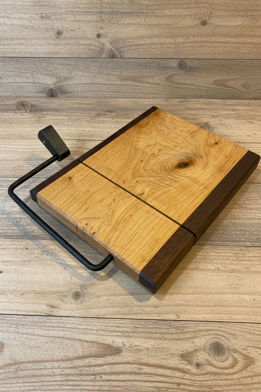 Wooden cutting board with black metal handle on a wooden surface