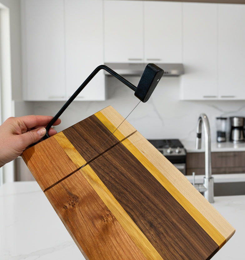 Wooden cutting board with a black handle held by a hand in a kitchen setting.
