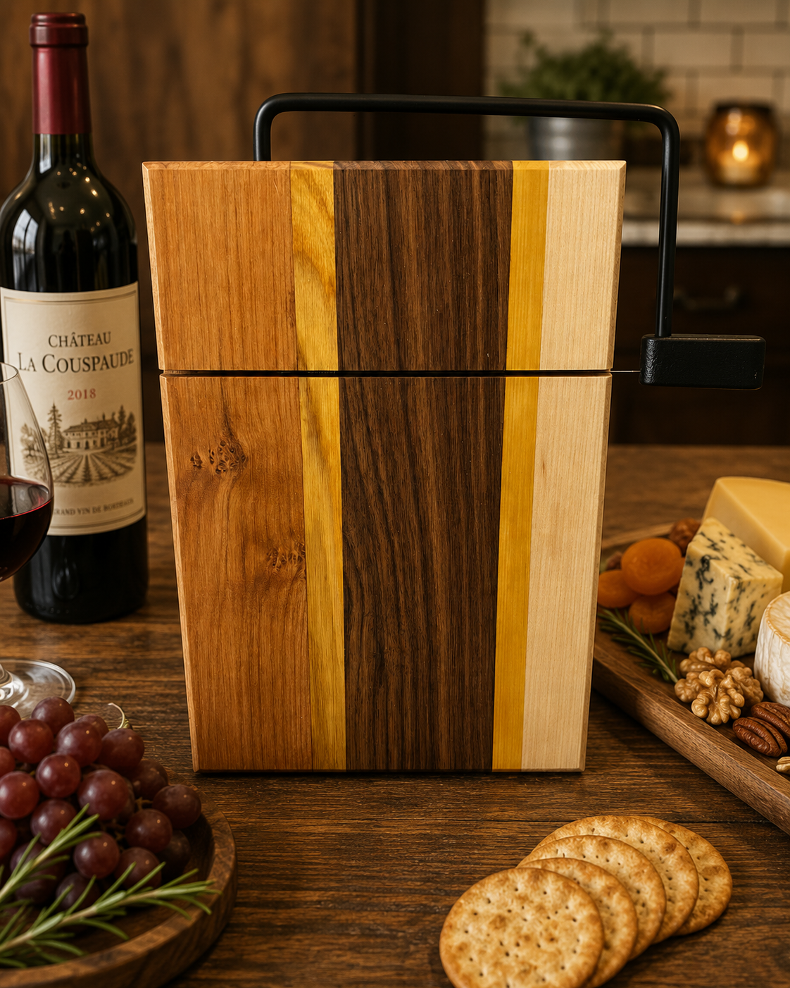 Wooden cutting board with a black handle on a table with wine, grapes, and cheese.
