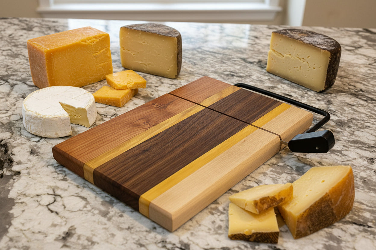 Wooden cheese board with sliced cheese on a marble surface