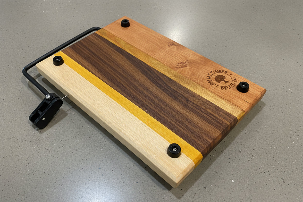 Wooden cutting board with a brand logo on a granite surface