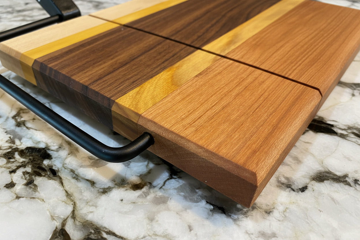 Wooden cutting board with a black handle on a granite surface