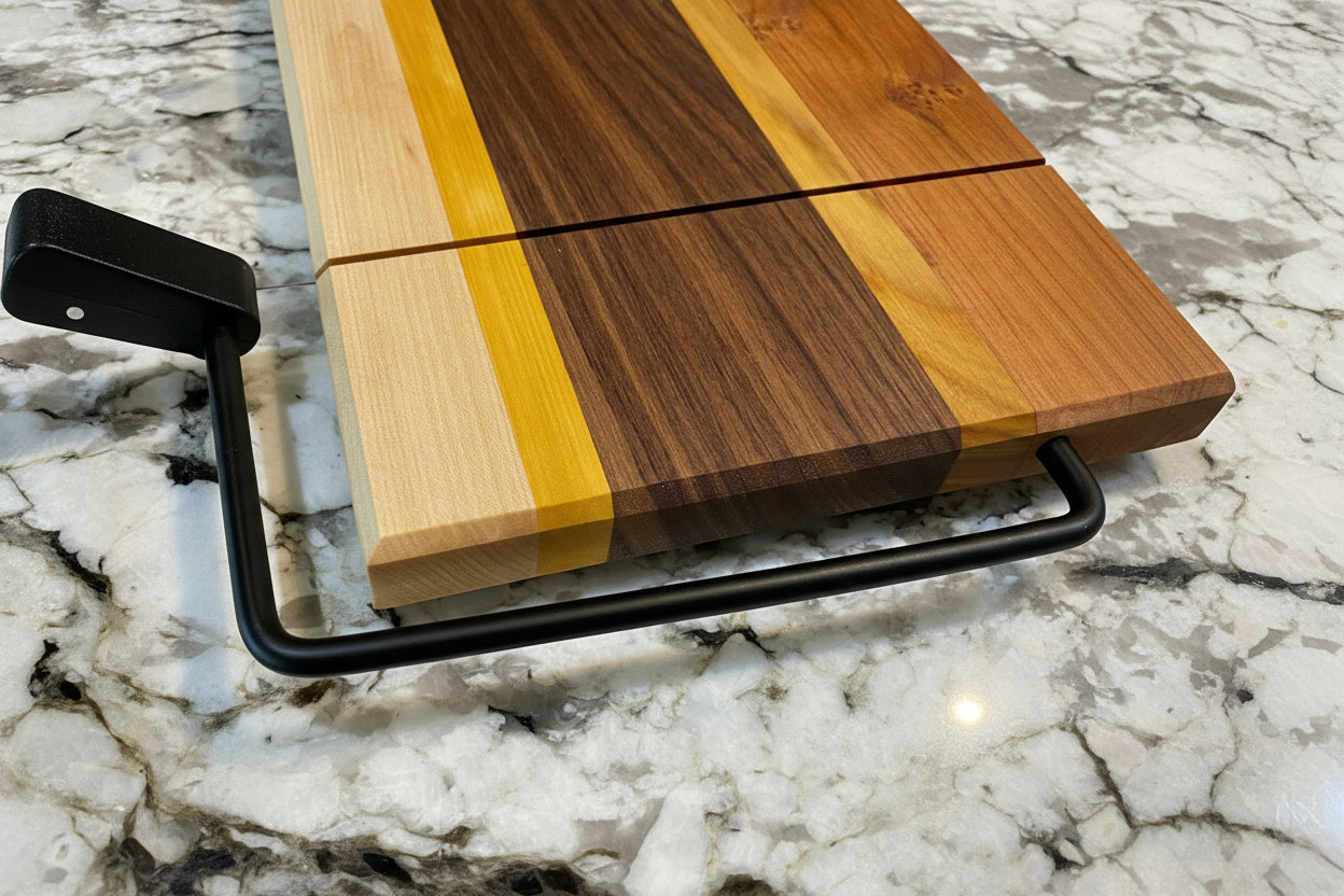 Wooden cutting board with black metal handle on a marble surface