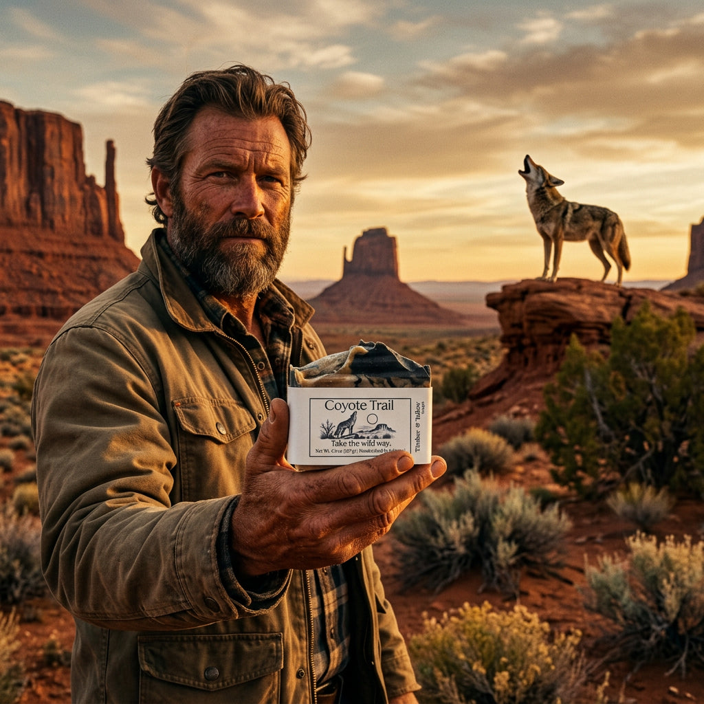 Rugged man in the desert holding a soap with a coyote howling in the background