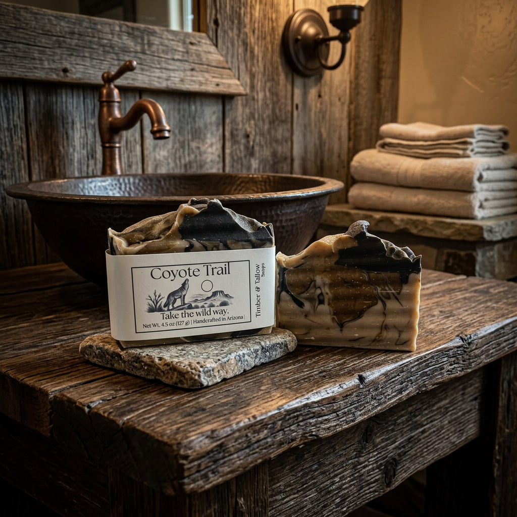 Coyote Trail Soap in a rustic wood bathroom