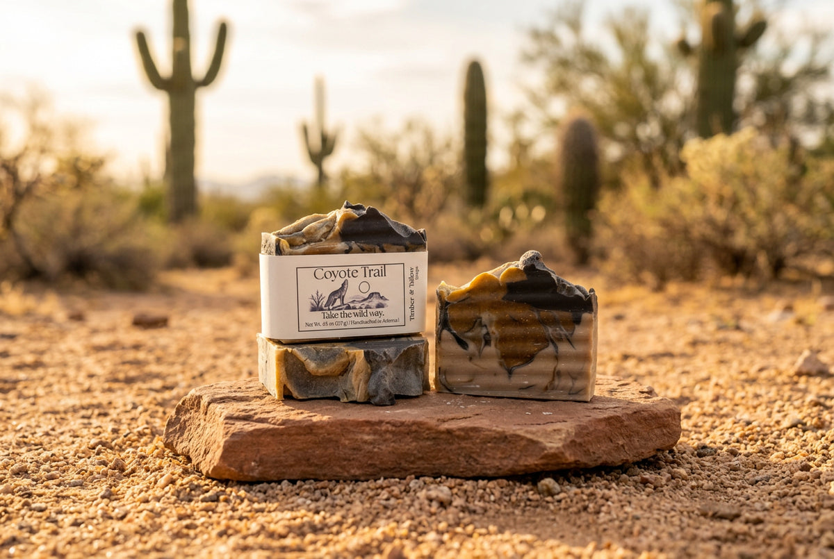 Coyote Trail Soap sitting on a rock in the desert
