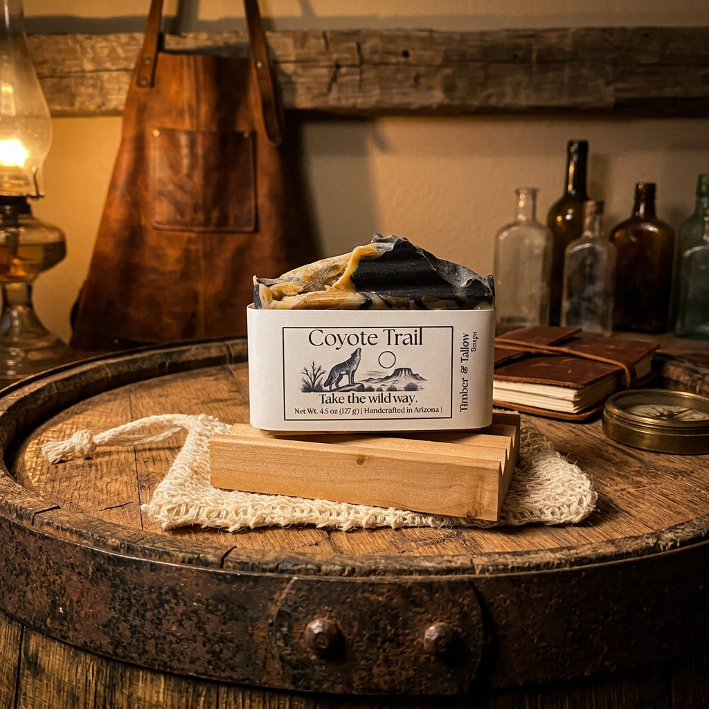 Coyote Trail Soap on a whiskey barrel with a leather apron hanging in the background