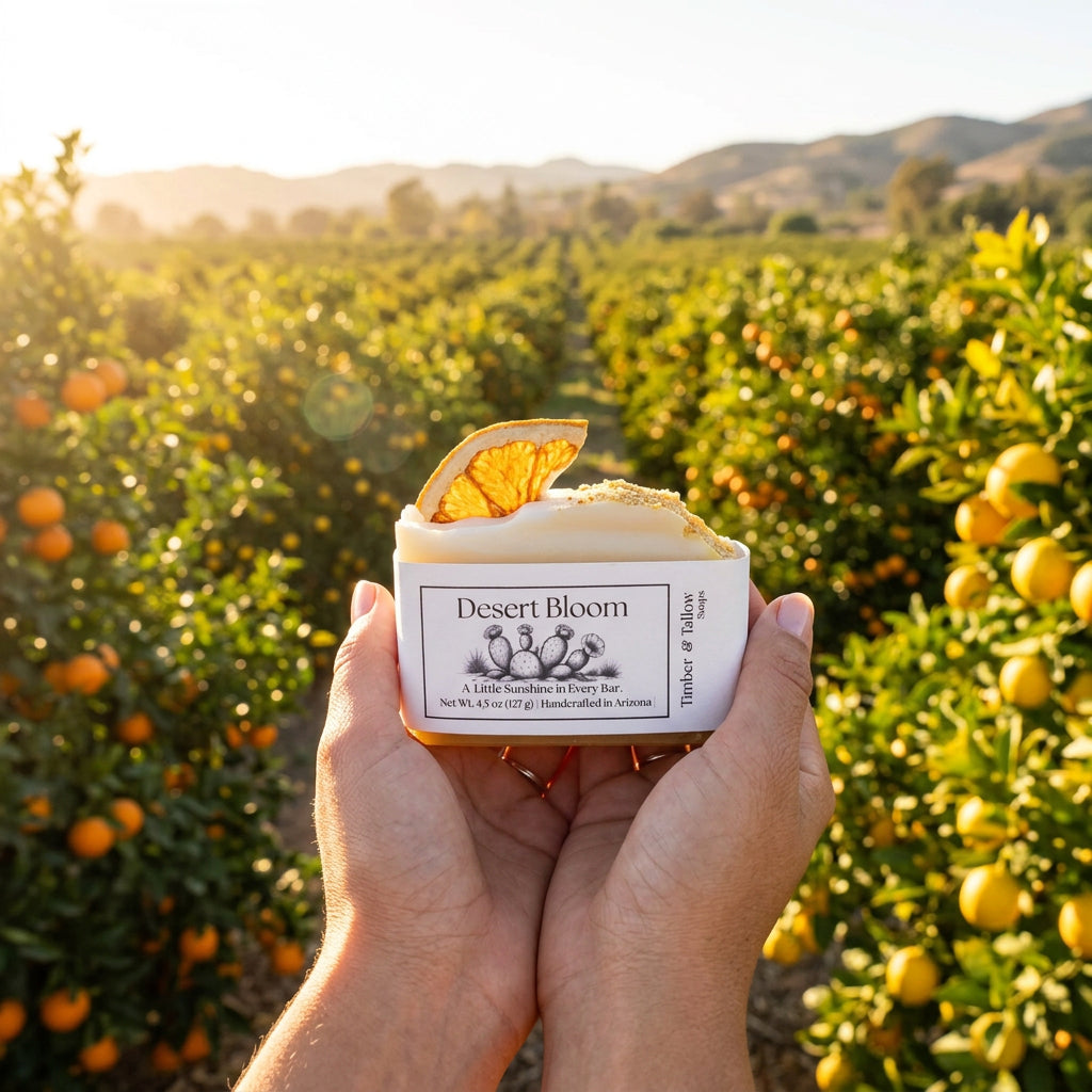 Two hands holding a citrus Desert Bloom soap in an orange grove
