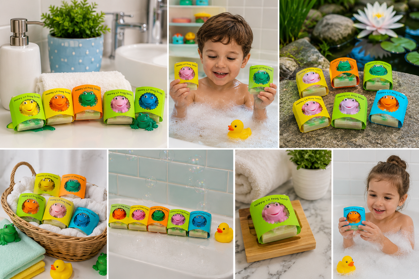Collage of children playing with colorful bath toys in a bathtub.