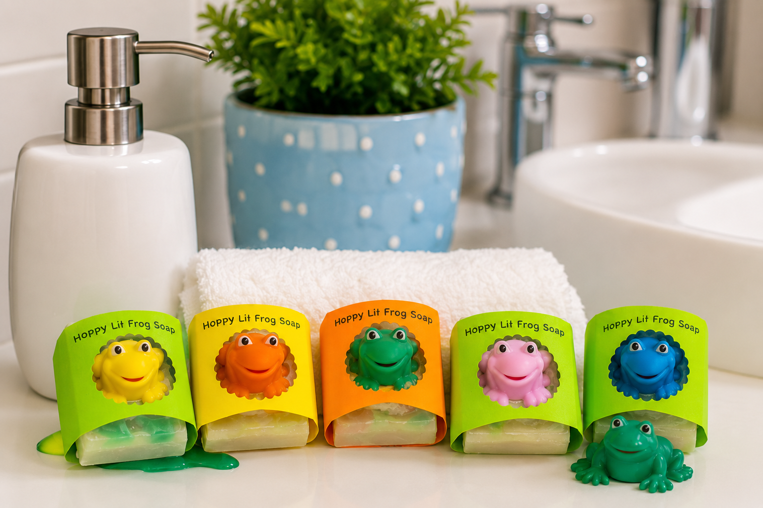 Froggy Soaps on a bathroom Counter. 