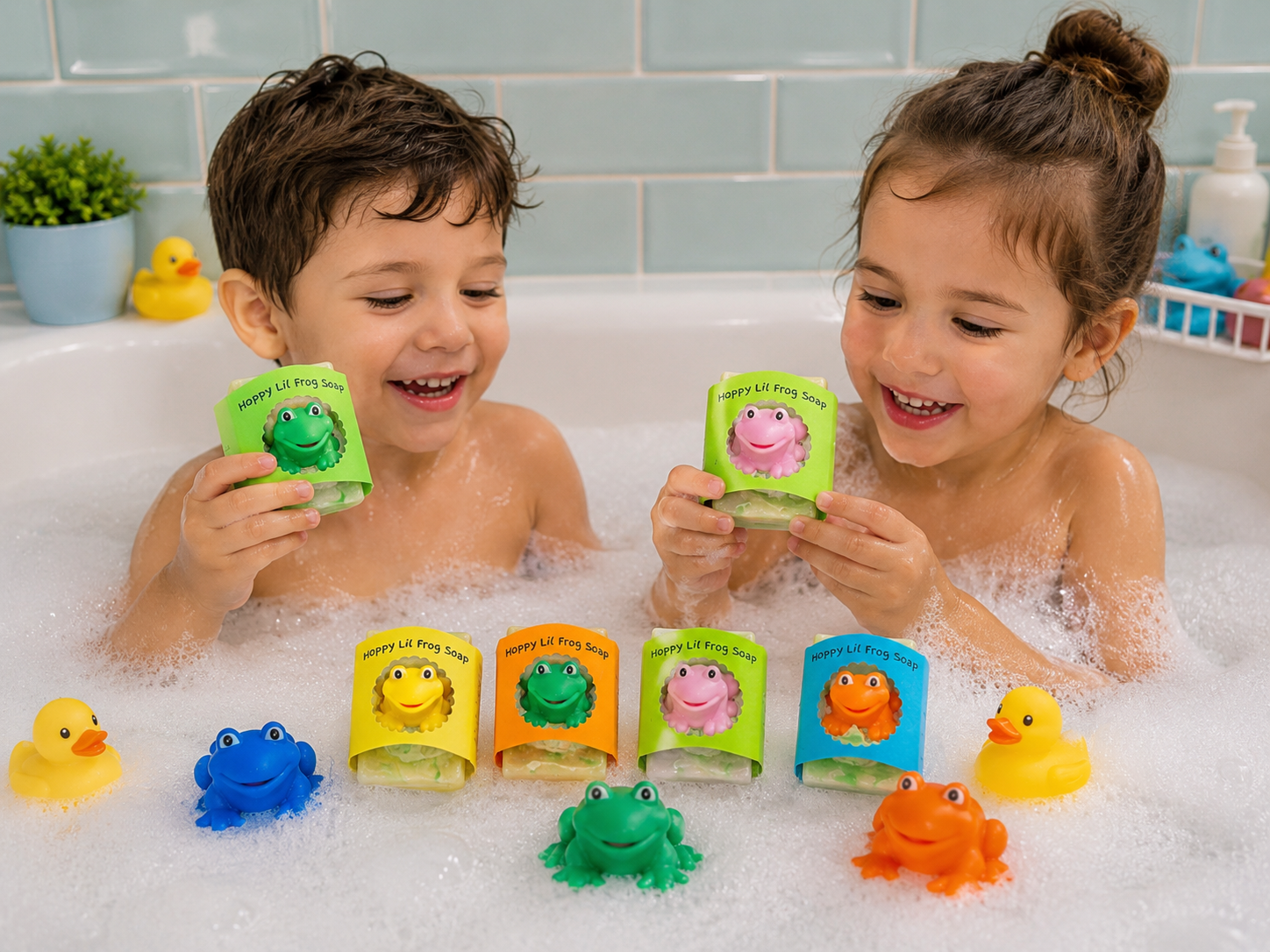 Kids playing in a bathtub with froggy soaps