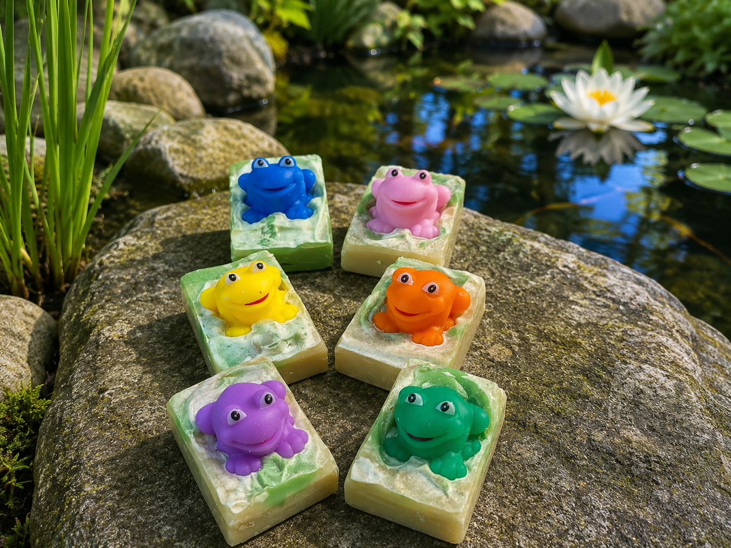 Froggy Soap on a rock in a pond