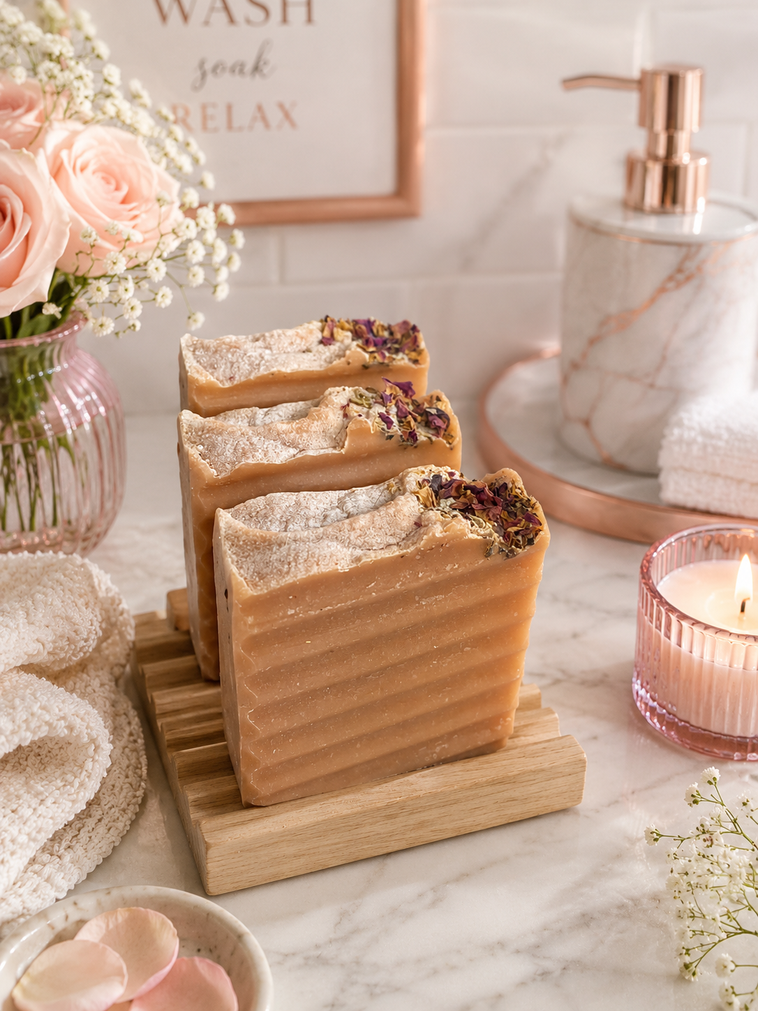 Three layered soap on a wooden stand with a candle and flowers in the background.