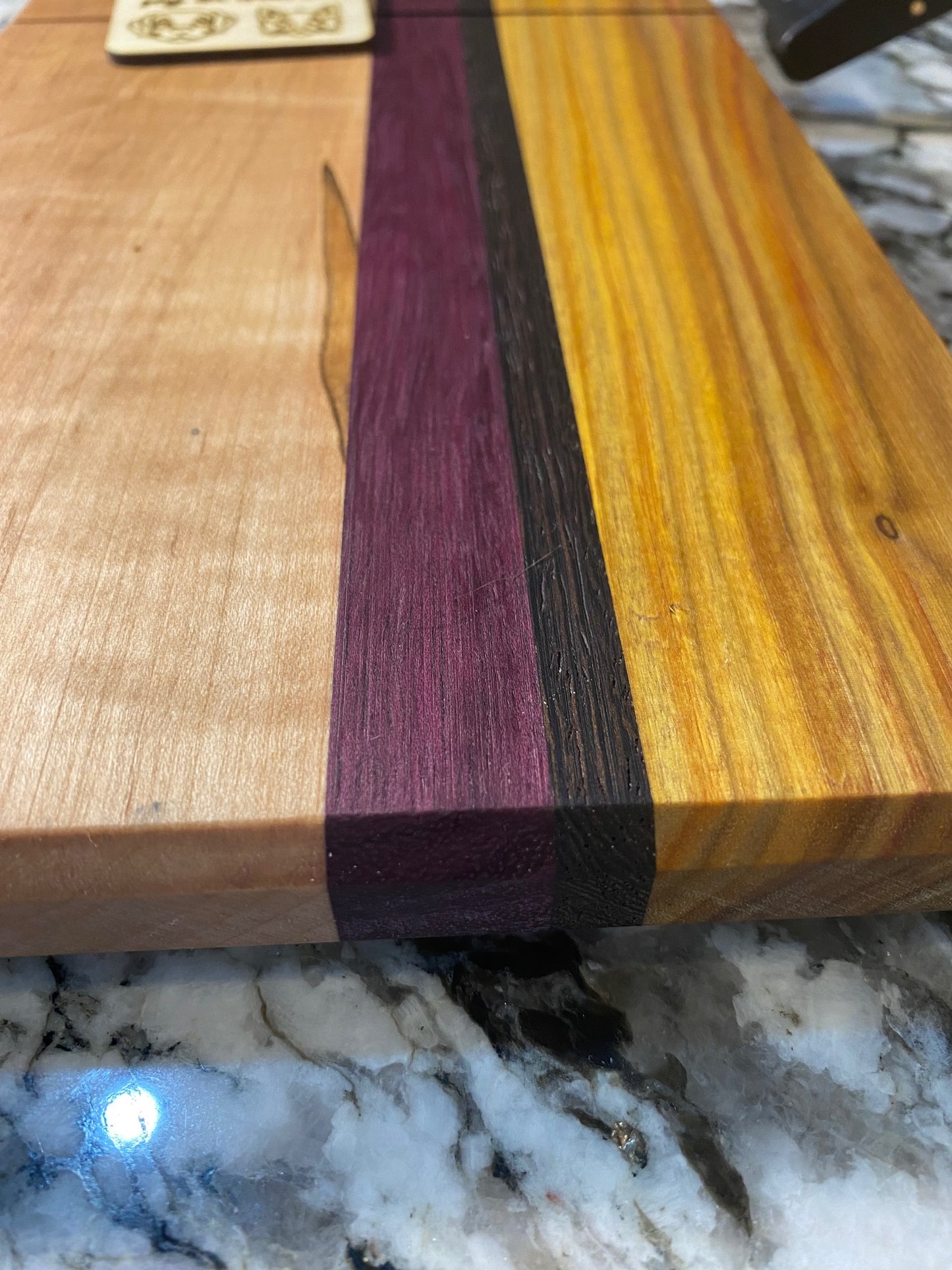 Exotic Wood Cheese Cutter Board made with Canary, Wedge, Purple Heart and Maple Wood