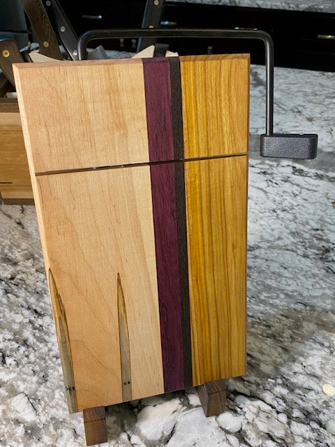 Exotic Wood Cheese Cutter Board made with Canary, Wedge, Purple Heart and Maple Wood