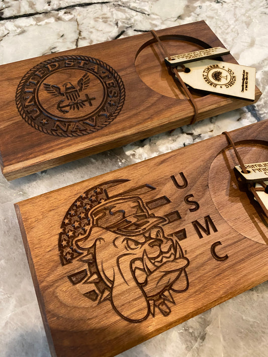 Walnut Beverage Holder with Laser-Engraved Marine Bulldog