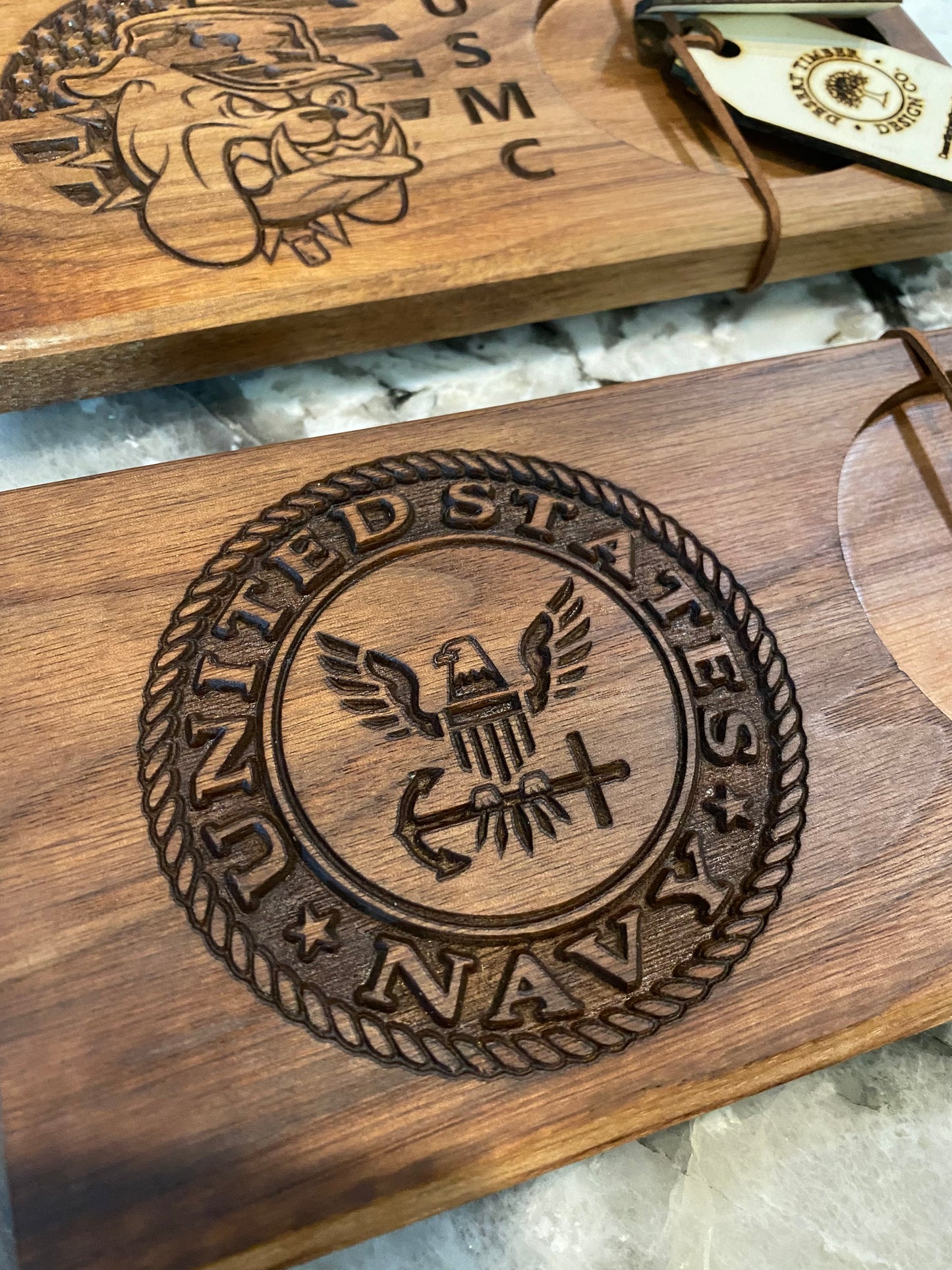 Walnut Beverage Holder with Laser-Engraved Navy