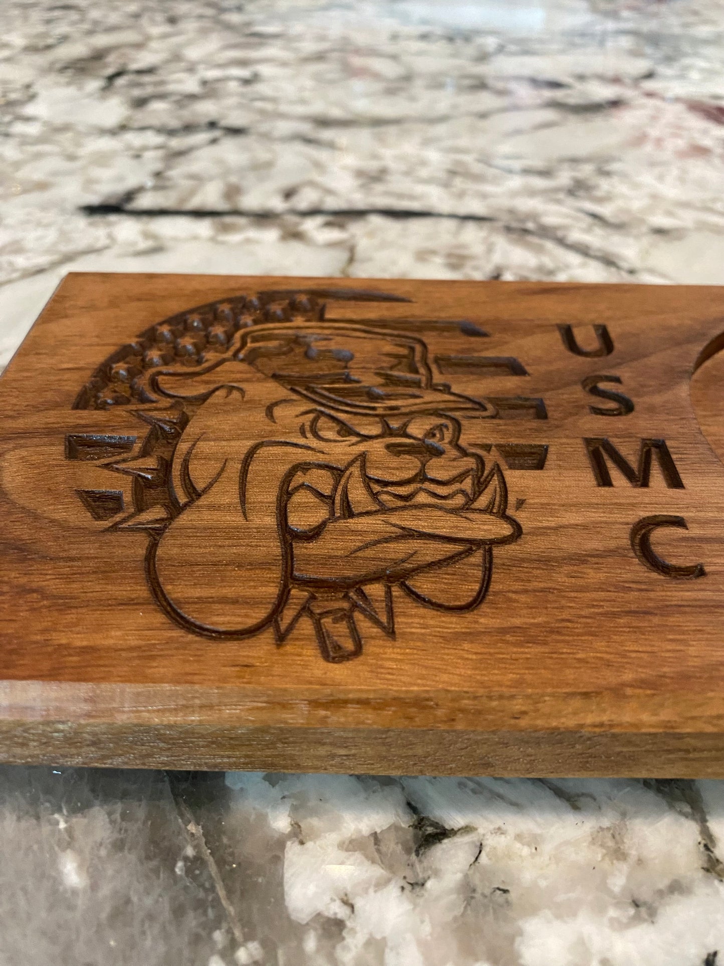 Walnut Beverage Holder with Laser-Engraved Marine Bulldog