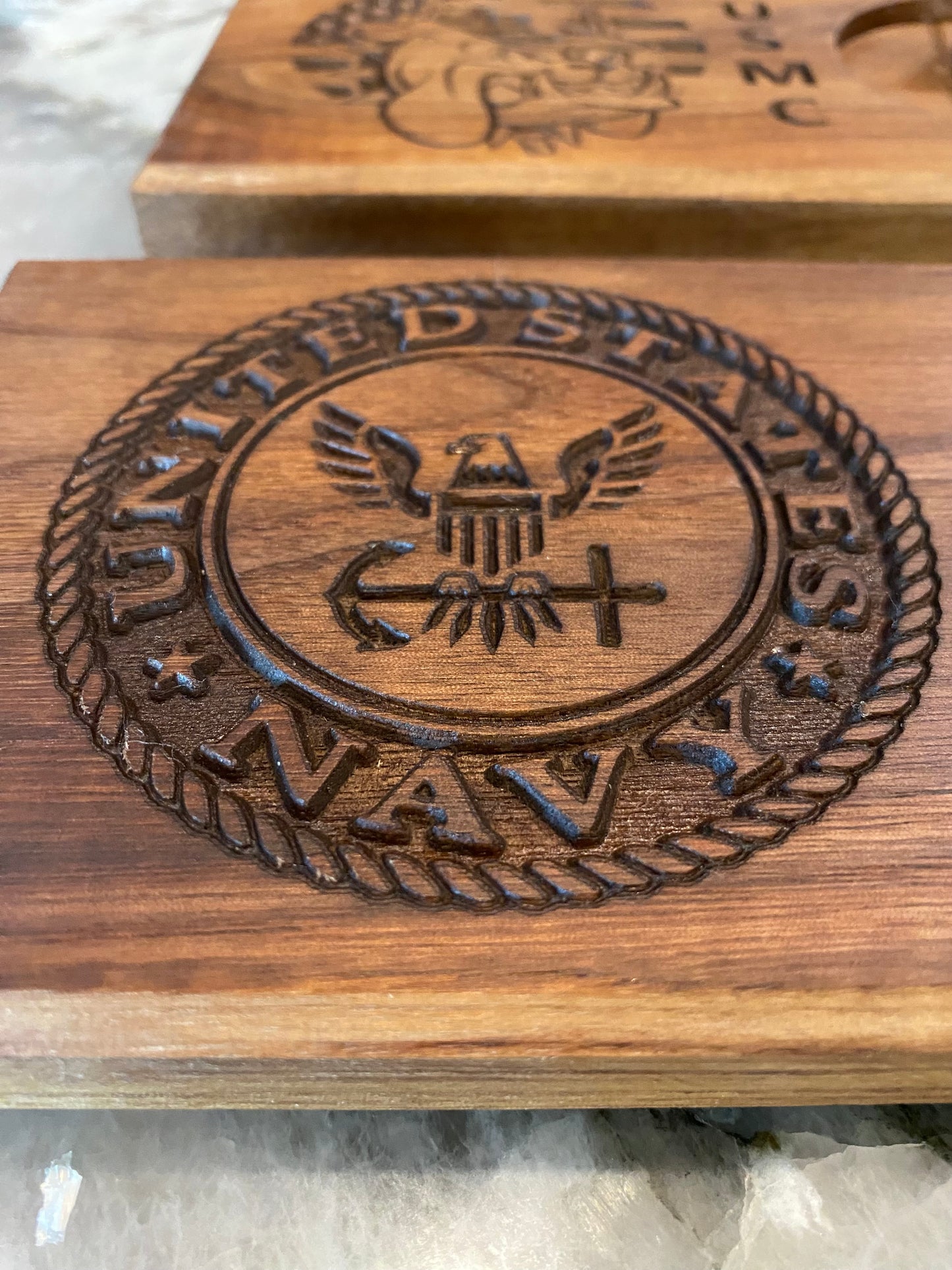 Walnut Beverage Holder with Laser-Engraved Navy