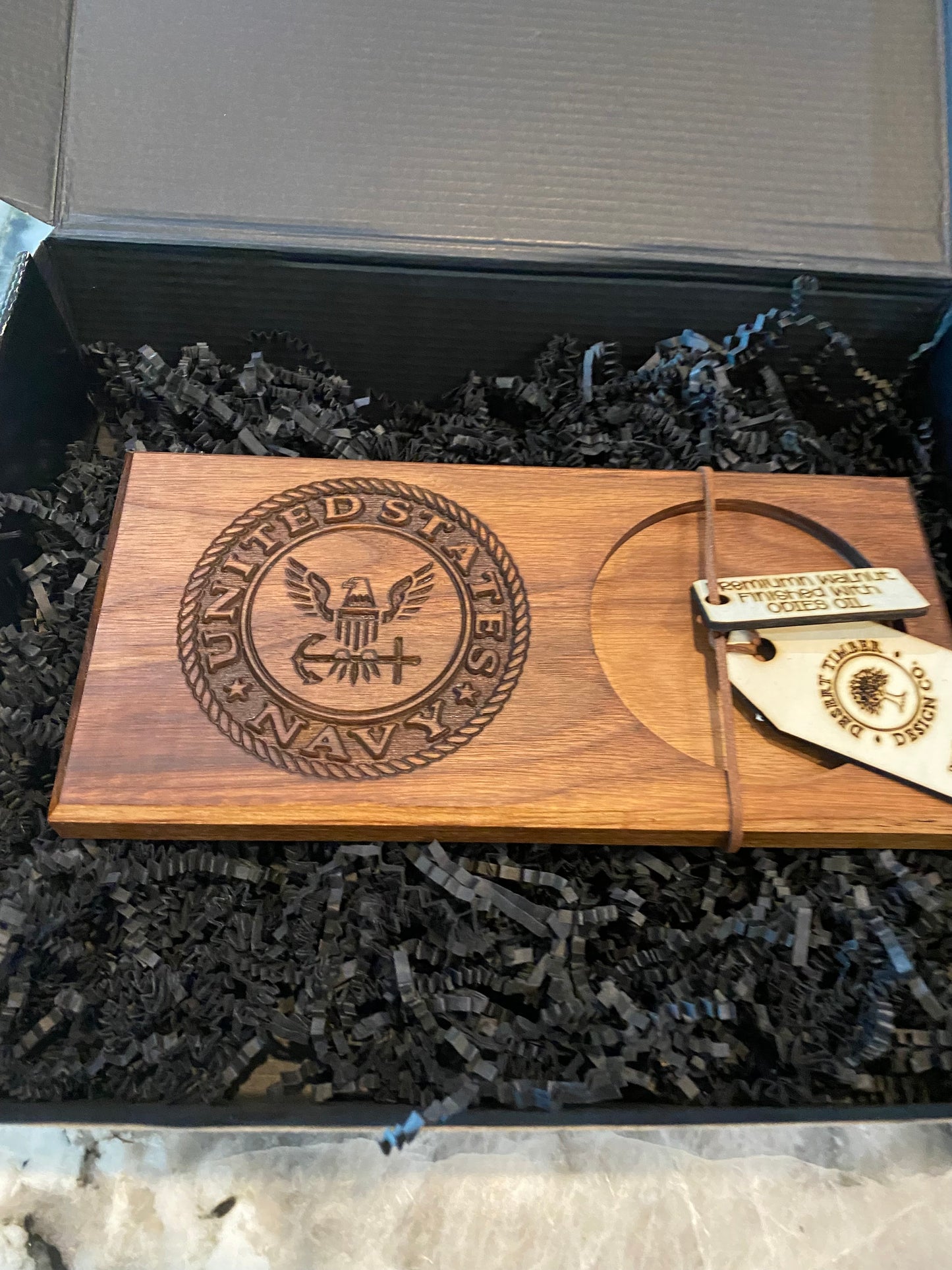 Walnut Beverage Holder with Laser-Engraved Navy