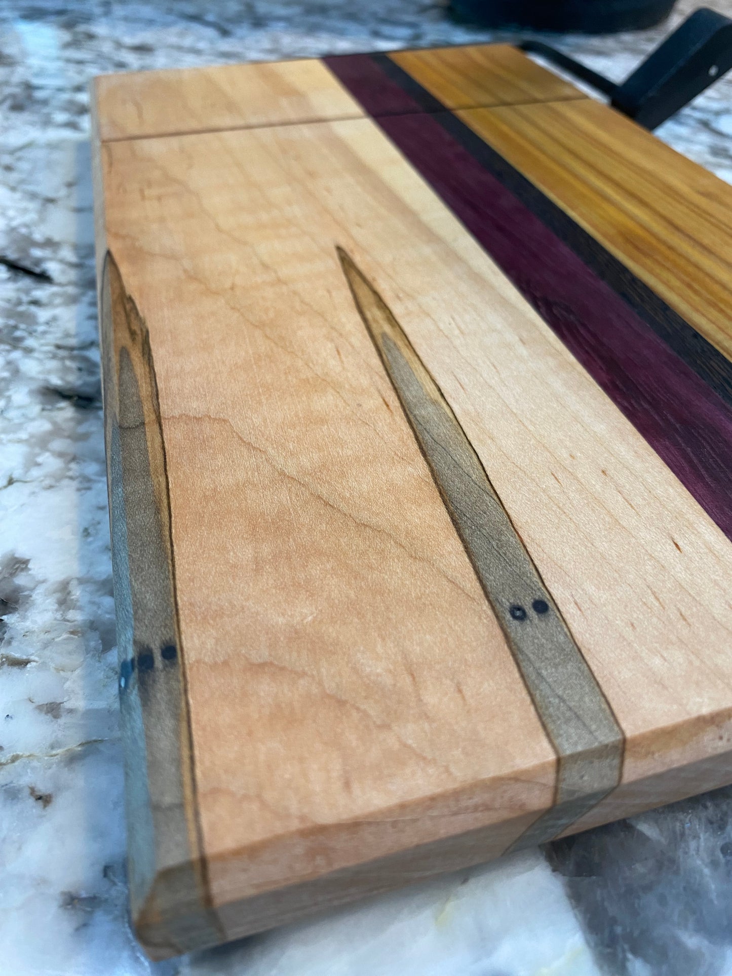 Exotic Wood Cheese Cutter Board made with Canary, Wedge, Purple Heart and Maple Wood