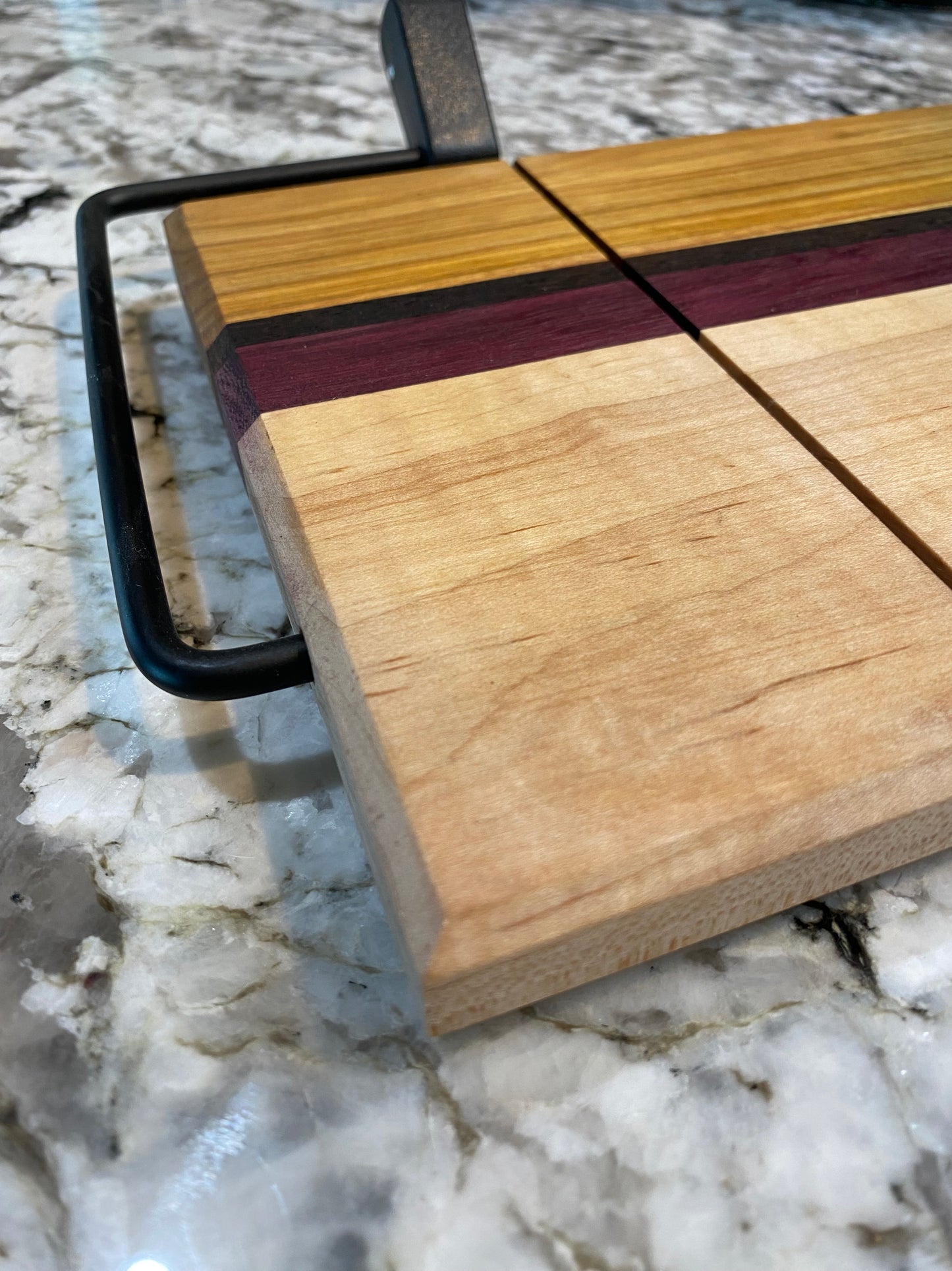 Exotic Wood Cheese Cutter Board made with Canary, Wedge, Purple Heart and Maple Wood