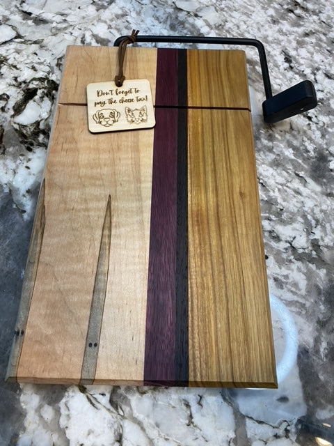 Exotic Wood Cheese Cutter Board made with Canary, Wedge, Purple Heart and Maple Wood