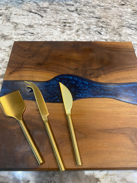 Charcuterie Board Blue Resin and Walnut