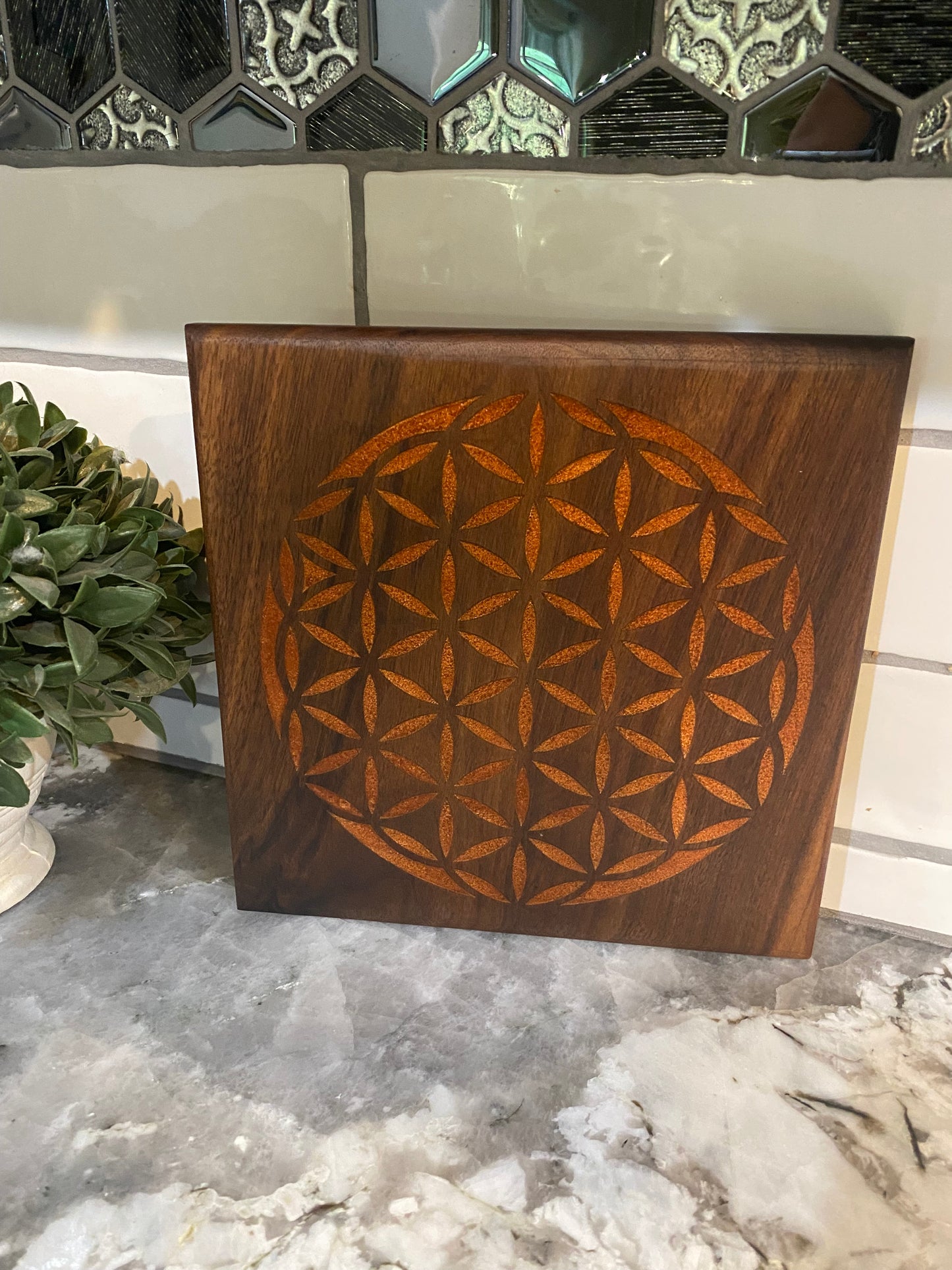 Flower of Life Resin Walnut Board for Decoration or showcase your crystals (Orange)