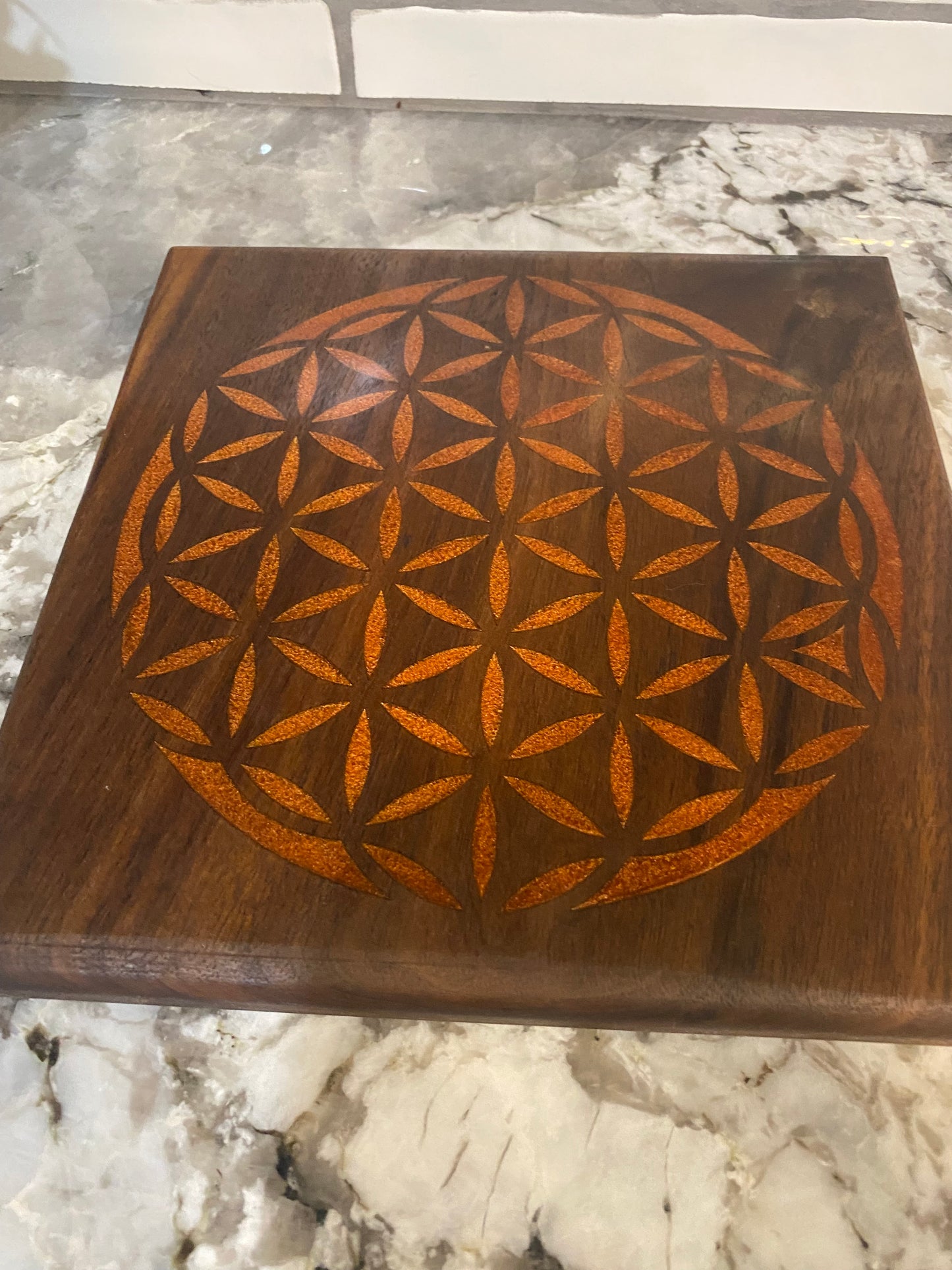 Flower of Life Resin Walnut Board for Decoration or showcase your crystals (Orange)