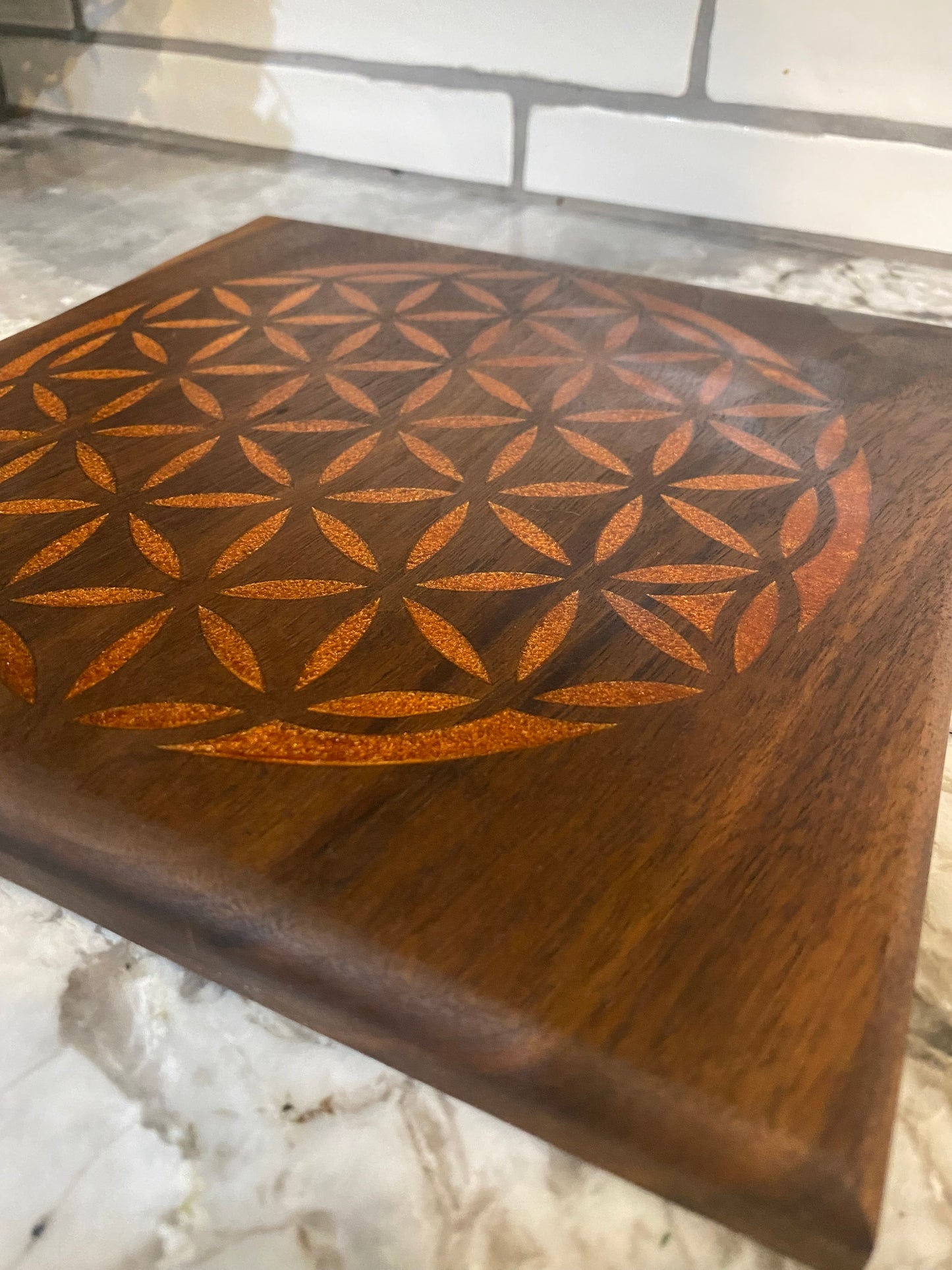 Flower of Life Resin Walnut Board for Decoration or showcase your crystals (Orange)