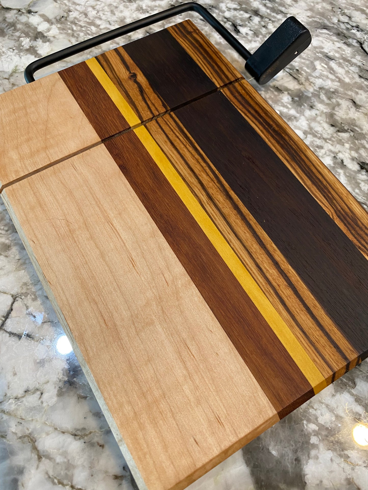 Exotic Wood Cheese Board Cutter with Maple, Granadillo, Yellow Heart, Zebra and Roasted Walnut