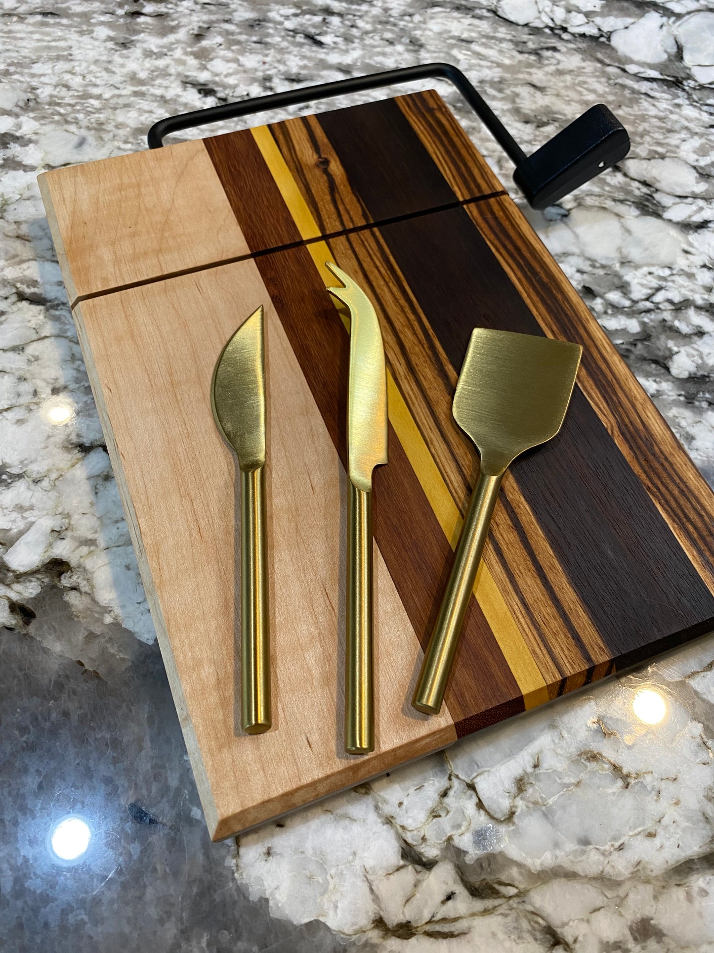 Exotic Wood Cheese Board Cutter with Maple, Granadillo, Yellow Heart, Zebra and Roasted Walnut