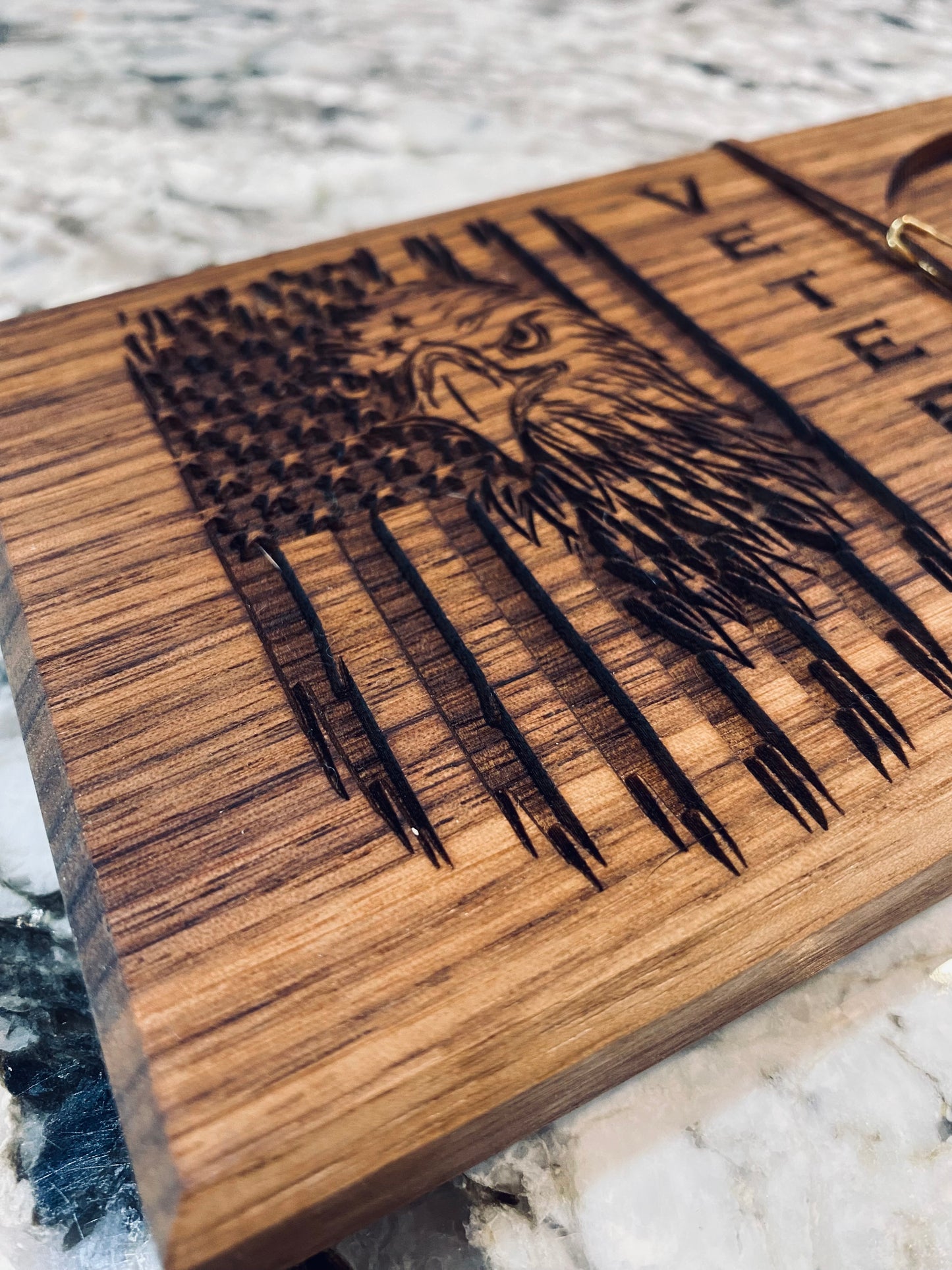 Walnut Beverage Holder with Laser-Engraved American Eagle and Veteran