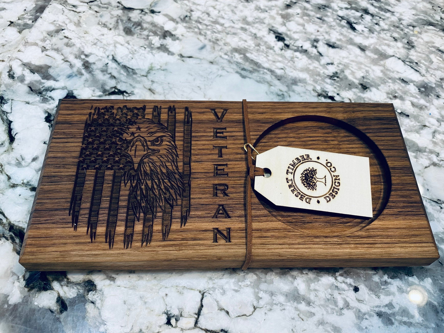 Walnut Beverage Holder with Laser-Engraved American Eagle and Veteran